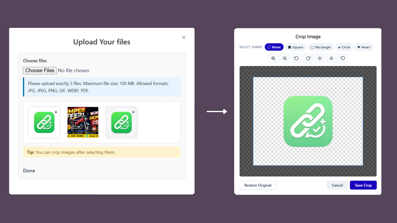 Frontend upload dialog and the built-in cropping tool with shape presets