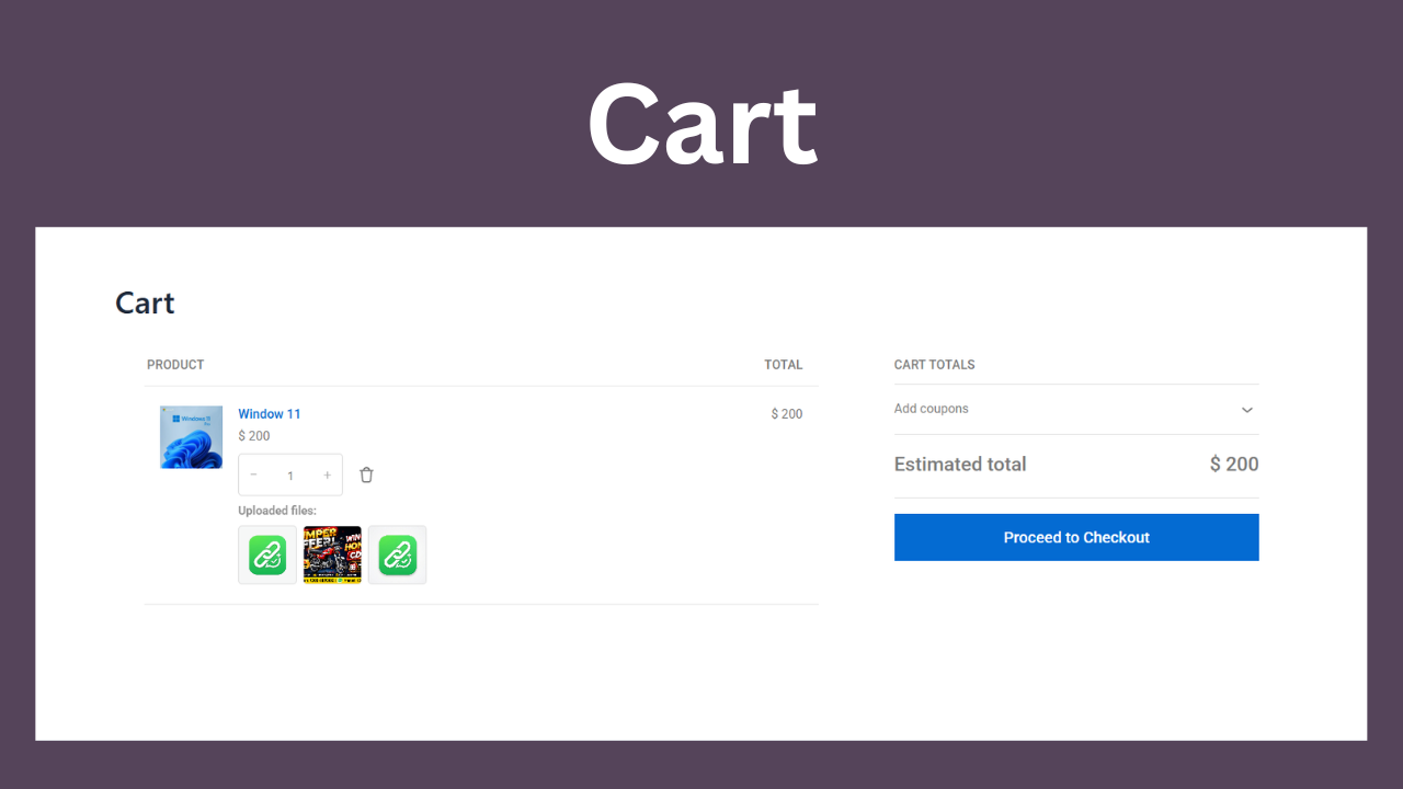 Cart page showing the customer's uploaded files on the line item