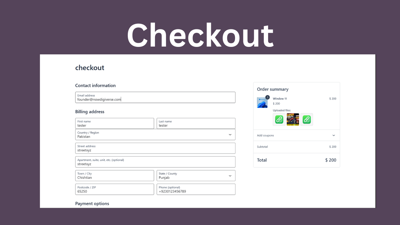 Checkout page with the uploaded files shown in the order summary