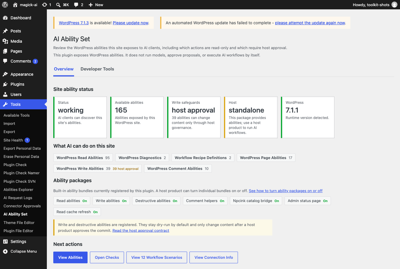 Overview tab: site ability status tiles, the ability package list with write safeguards, plain-language capability groups, and next actions.