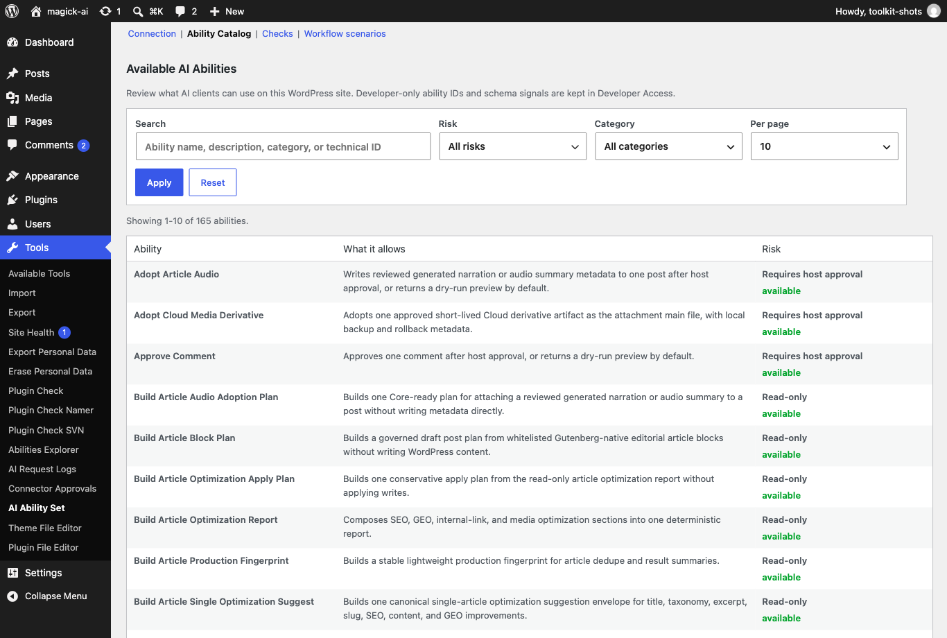 Ability Catalog view under Developer Tools: searchable catalog with filters, risk grouping, availability, and technical details for support.