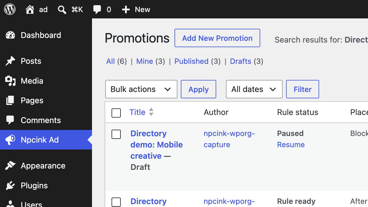 The Promotion list shows state, placement, content scope, stop time, inactivity reasons, and quick pause or resume actions.