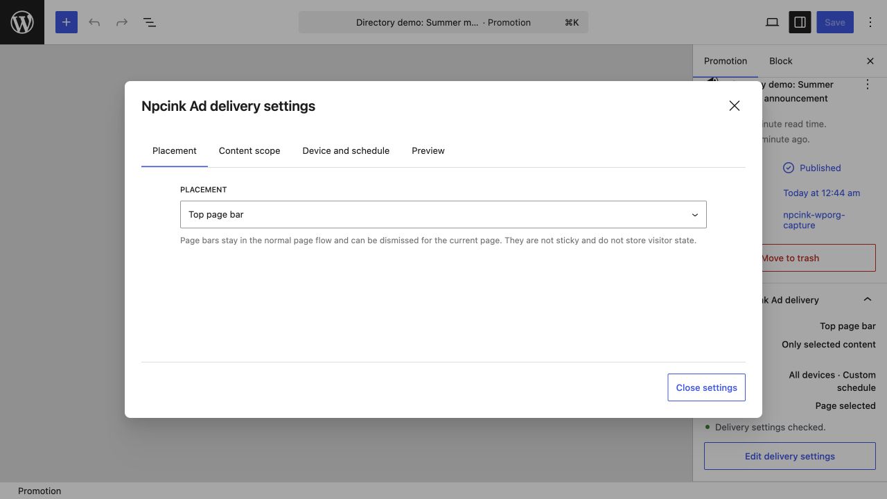 Delivery settings use focused tabs for placement, content scope, device and schedule, and real-page preview.