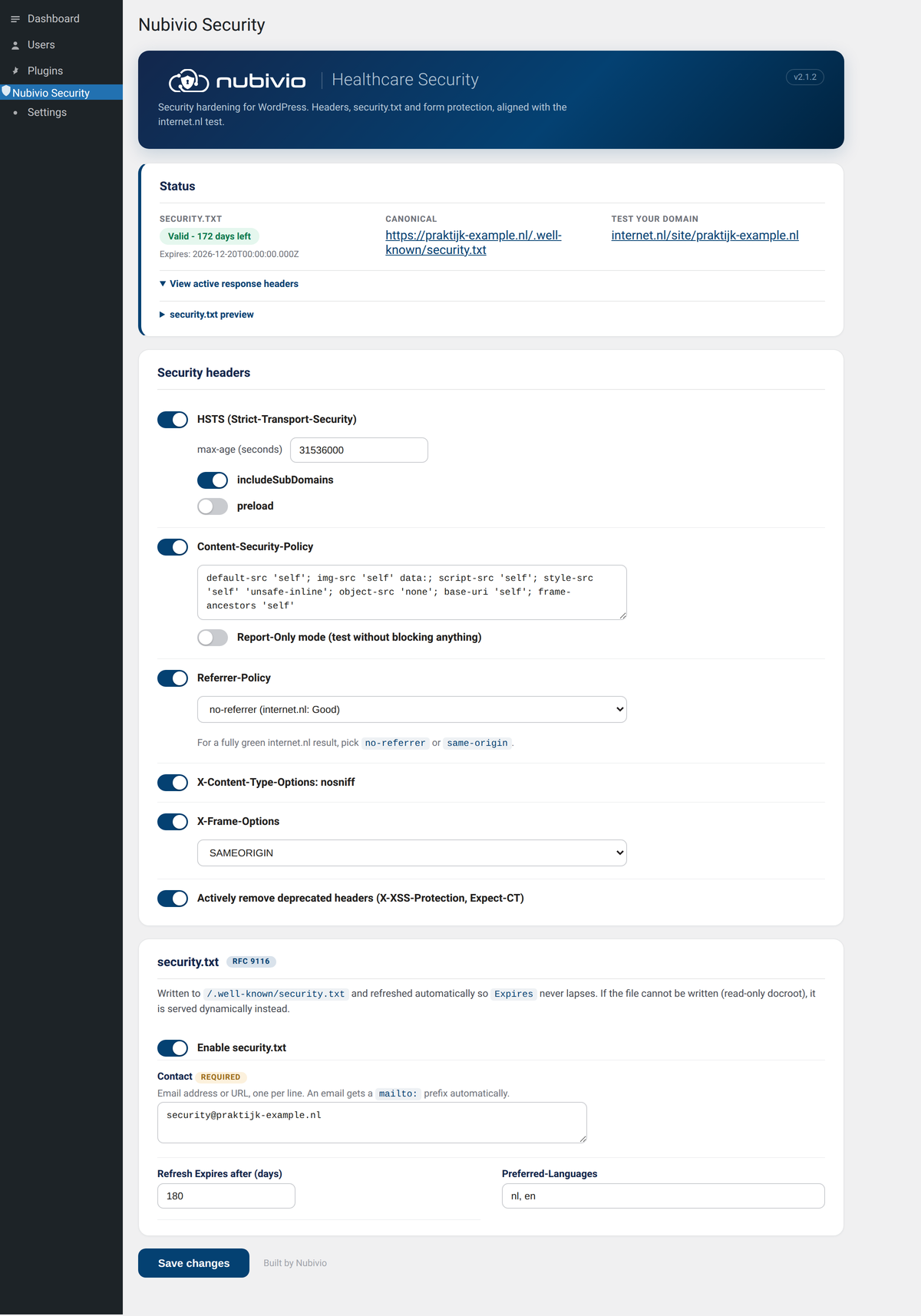 The Nubivio Security settings page: header status card with the live security.txt state, the security headers section with per-header toggles, and the RFC 9116 security.txt fields.