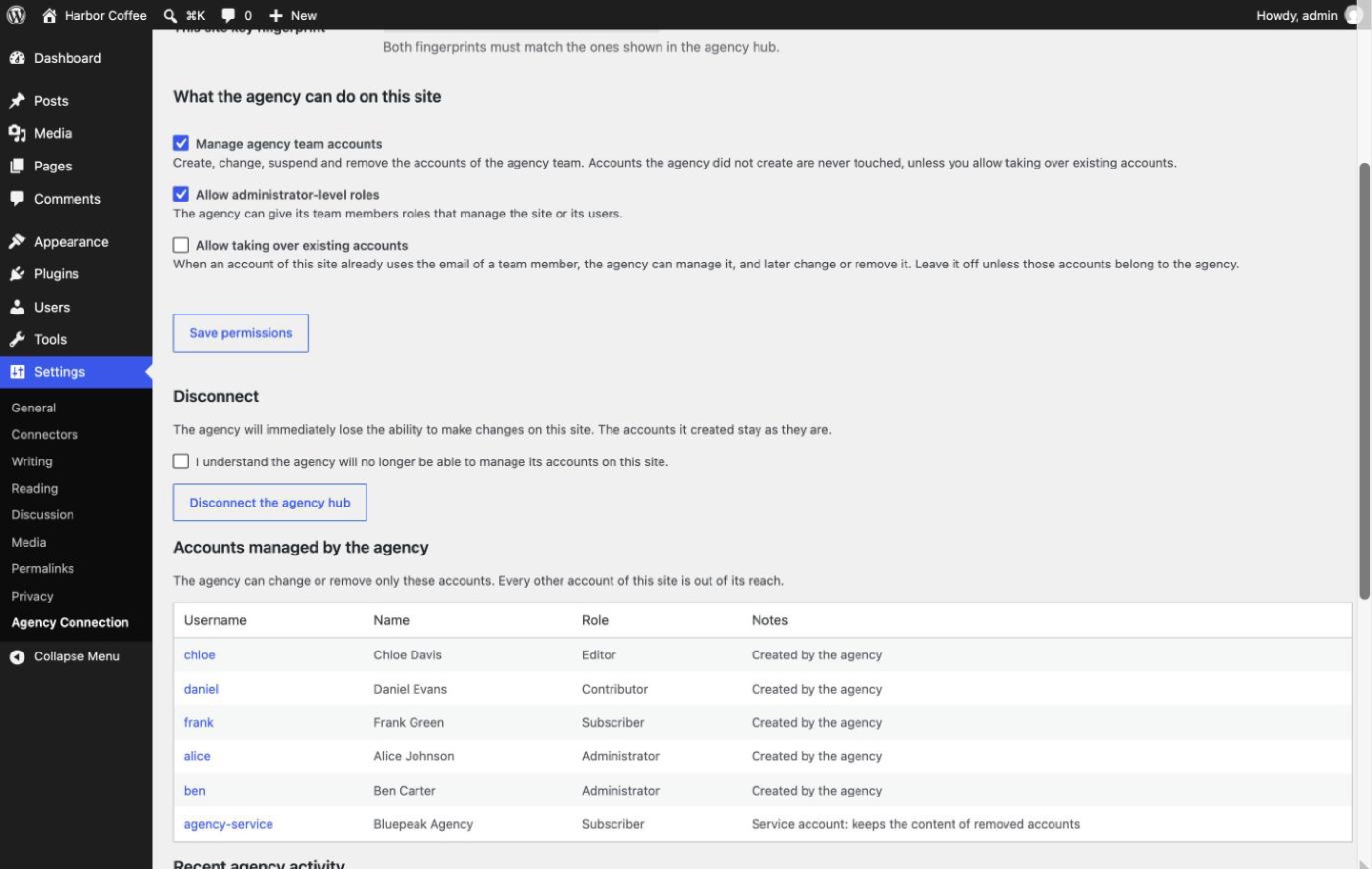 Settings → Agency Connection: choose what the agency can do on this site, or disconnect it.