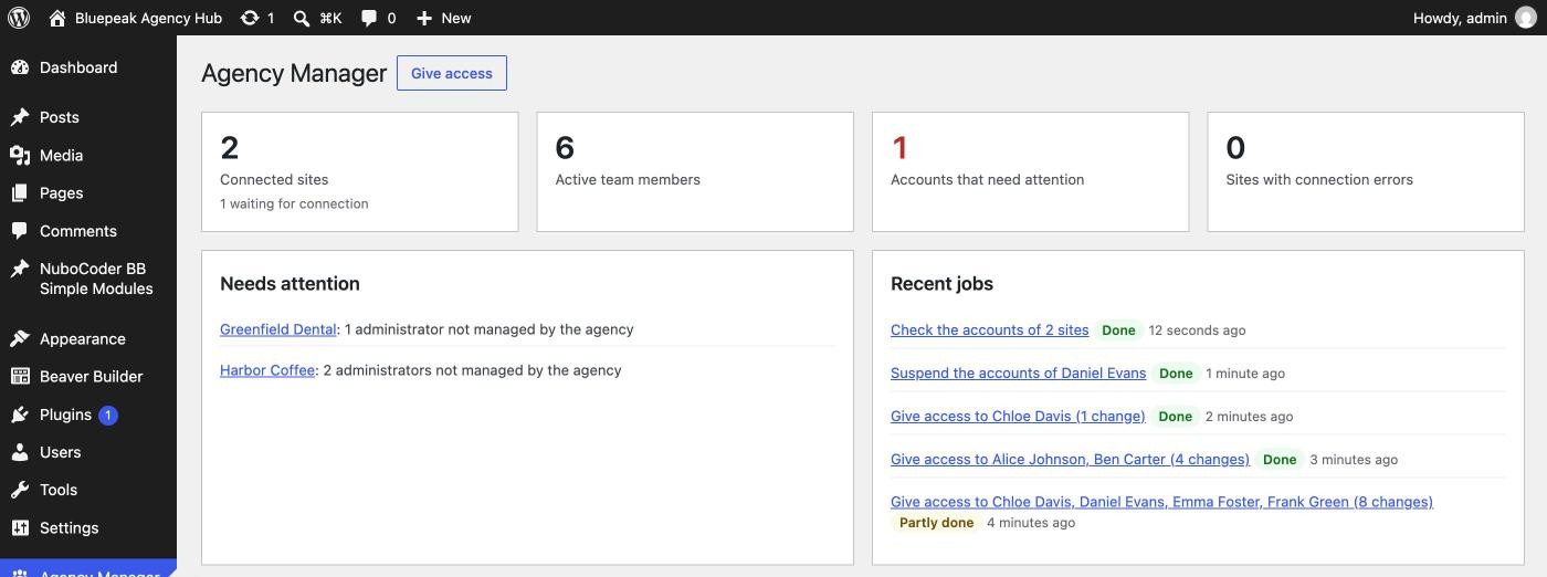 Dashboard: connected sites, active members, accounts that need attention and recent jobs.