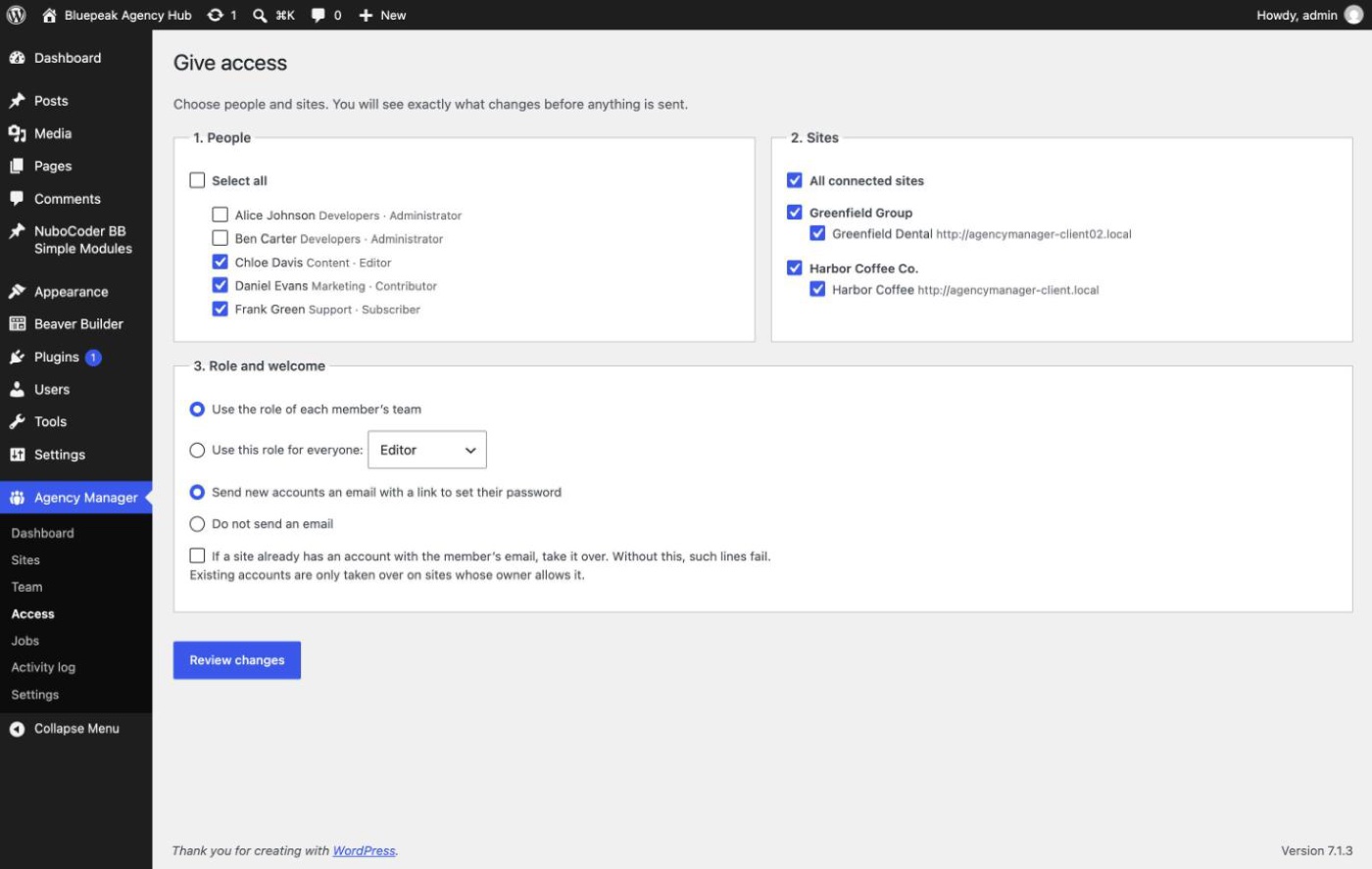 Give access: choose people and sites; the role can come from each member's team.