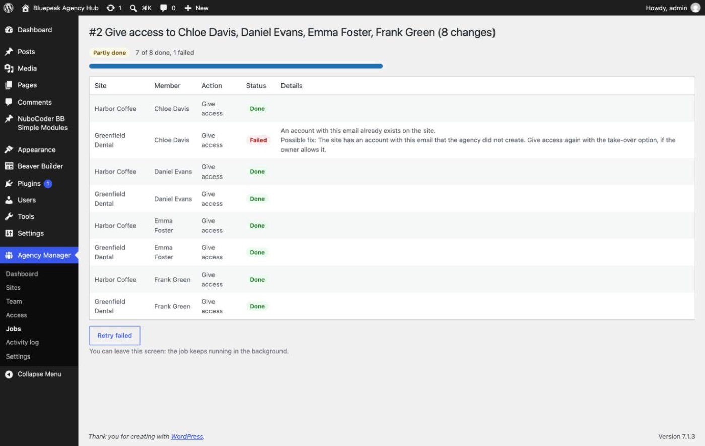 Job detail: each change and its result, with a possible fix when one fails.