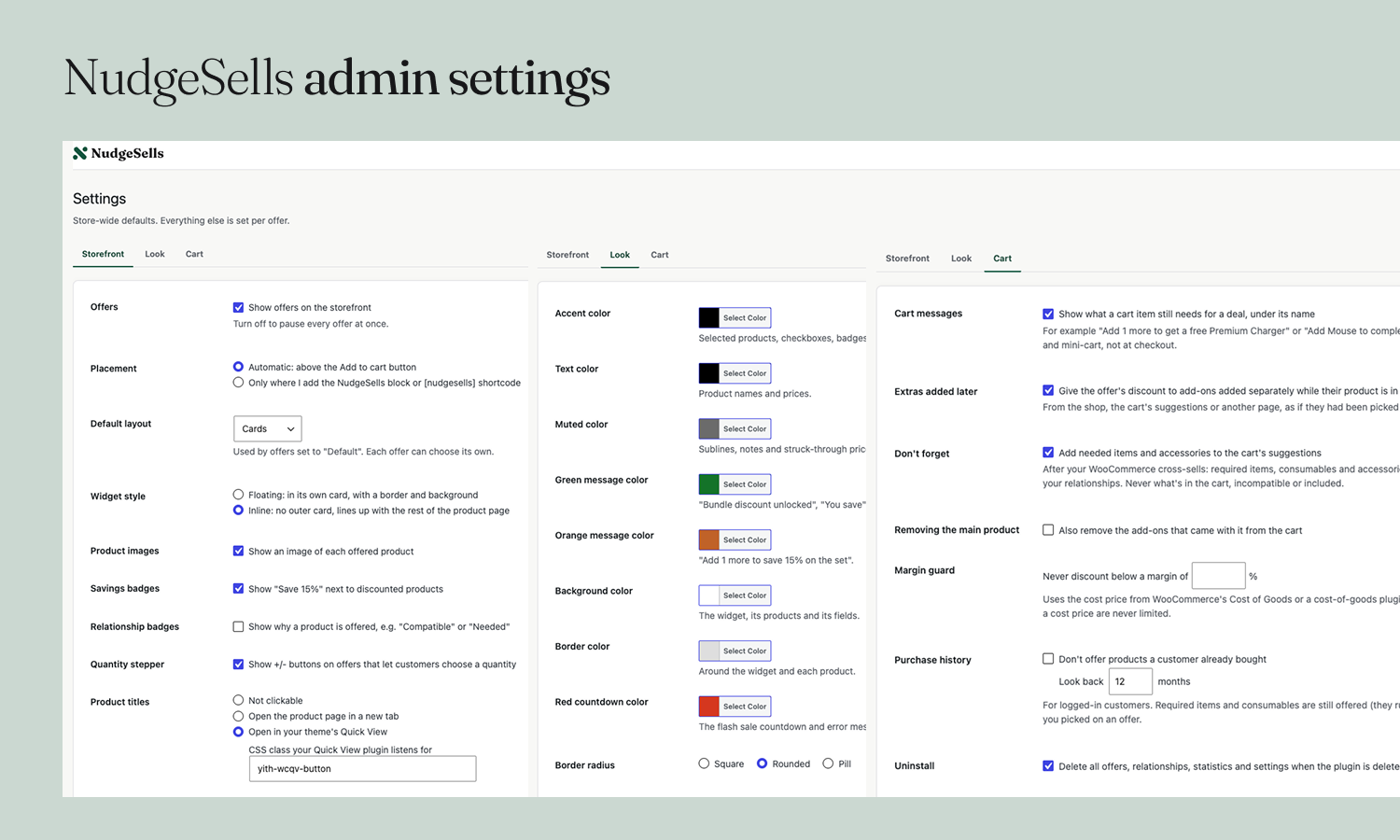Settings: storefront, look and cart.