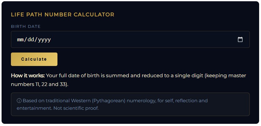 The Life Path Number calculator showing the result and its meaning.