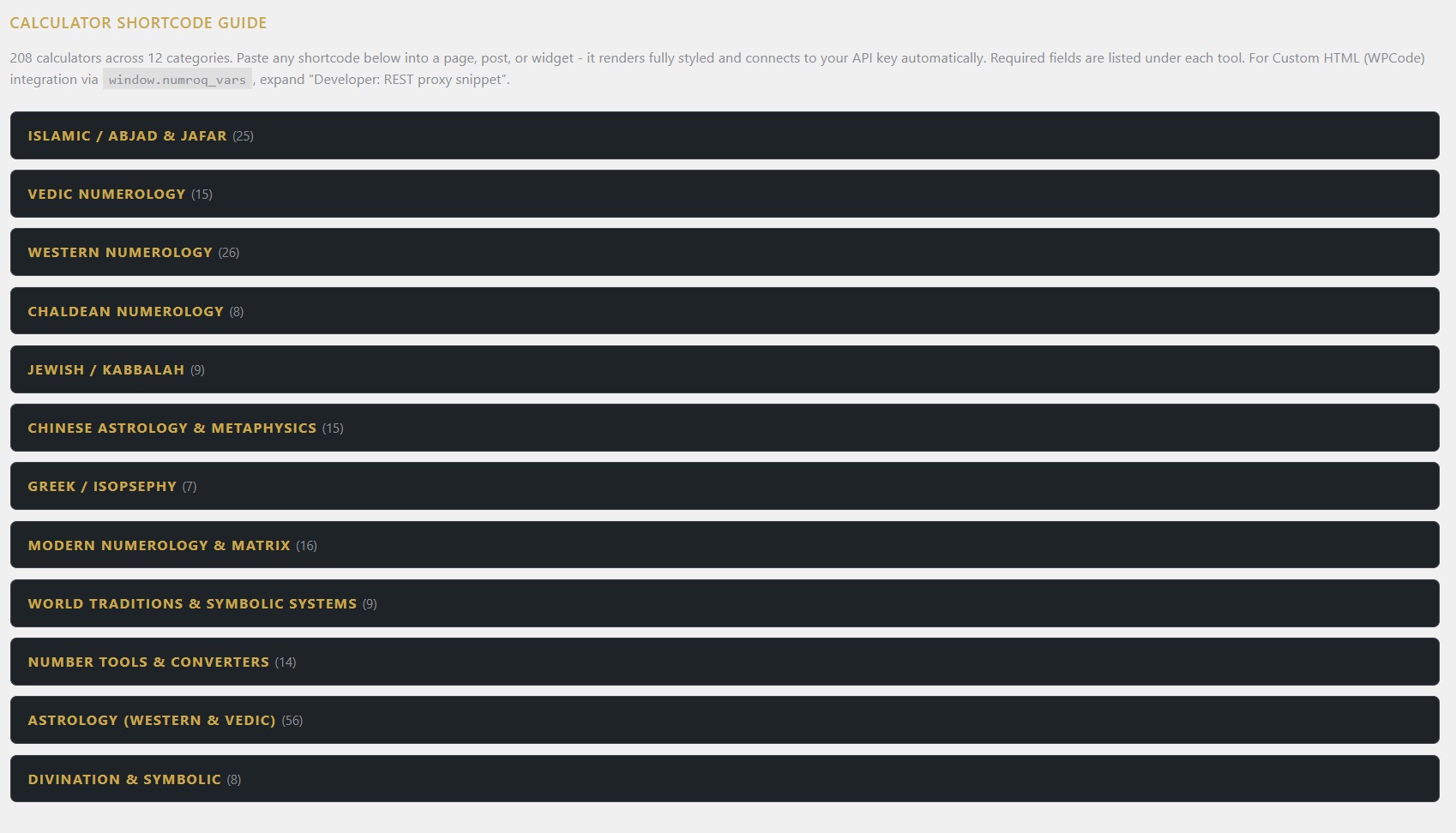 The Calculator Shortcode Guide in Settings > NumroQ, listing all 208 calculators grouped by tradition.