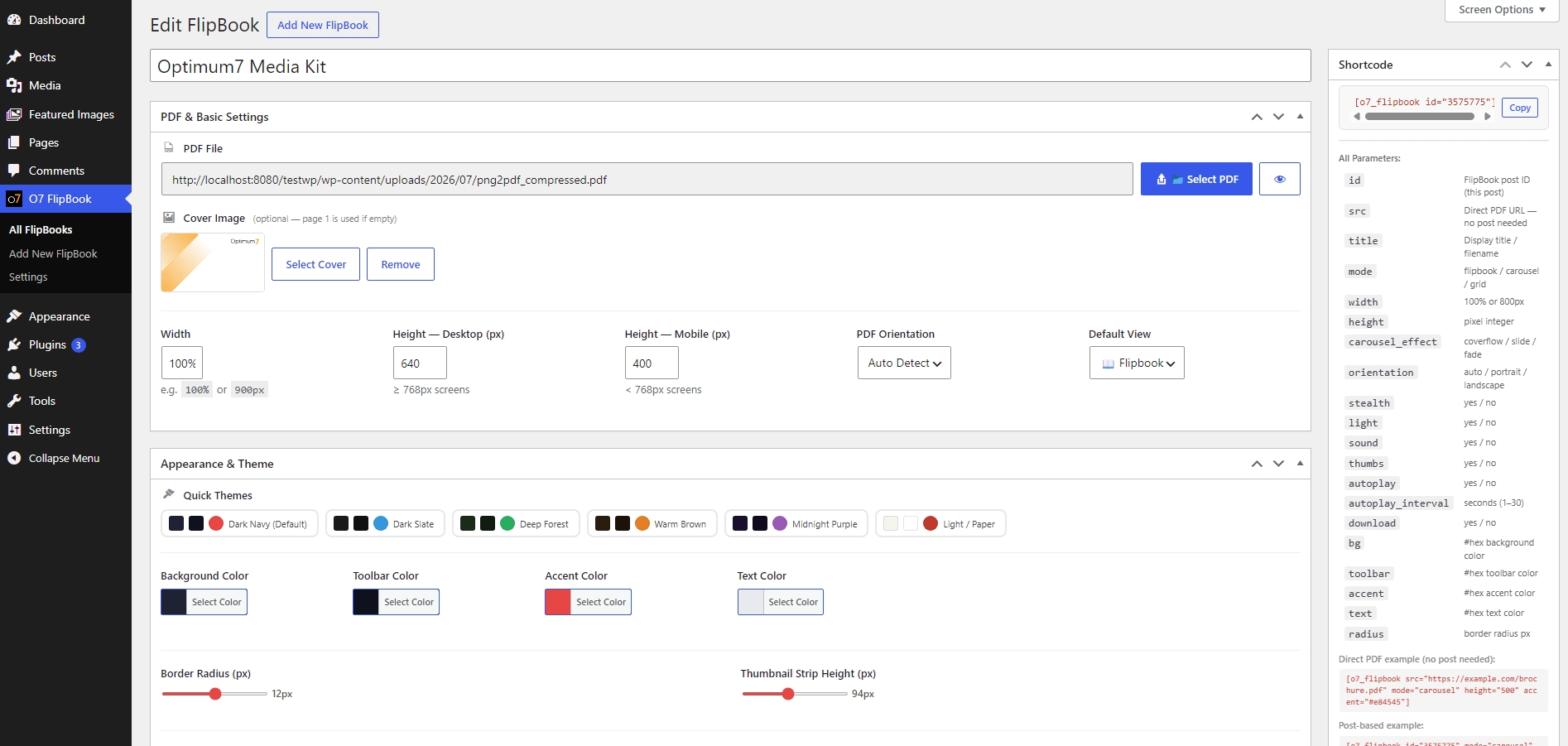 Settings page with theme presets and language selector