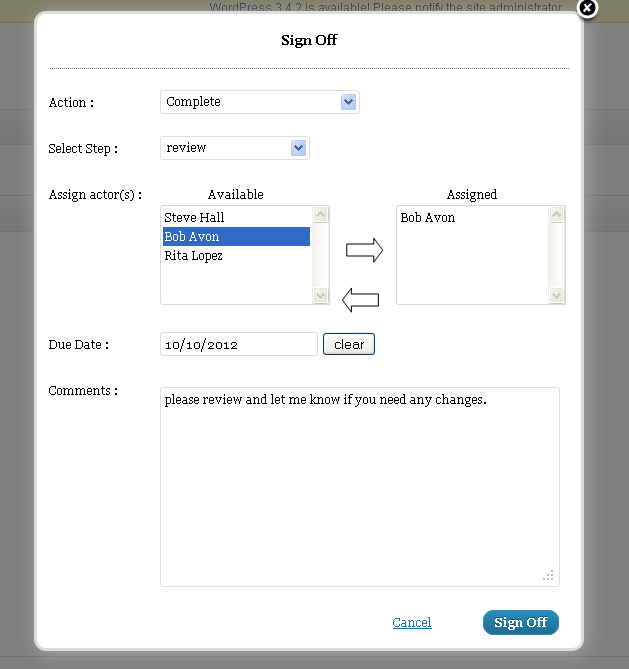 Sign off - complete the tasks by signing off and move the article to the next step.