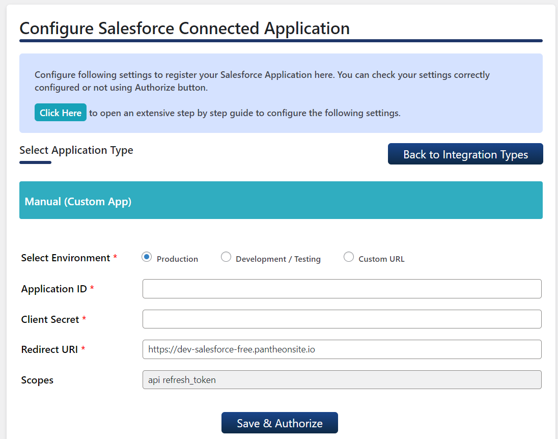 Manual (Custom App) Configuration