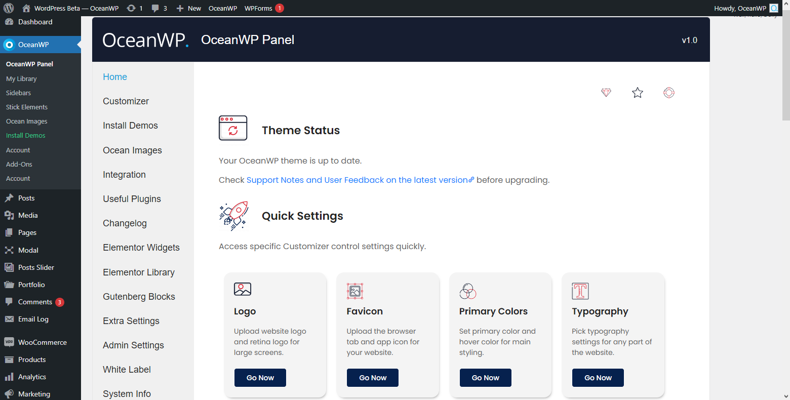 The OceanWP Panel homepage overview.