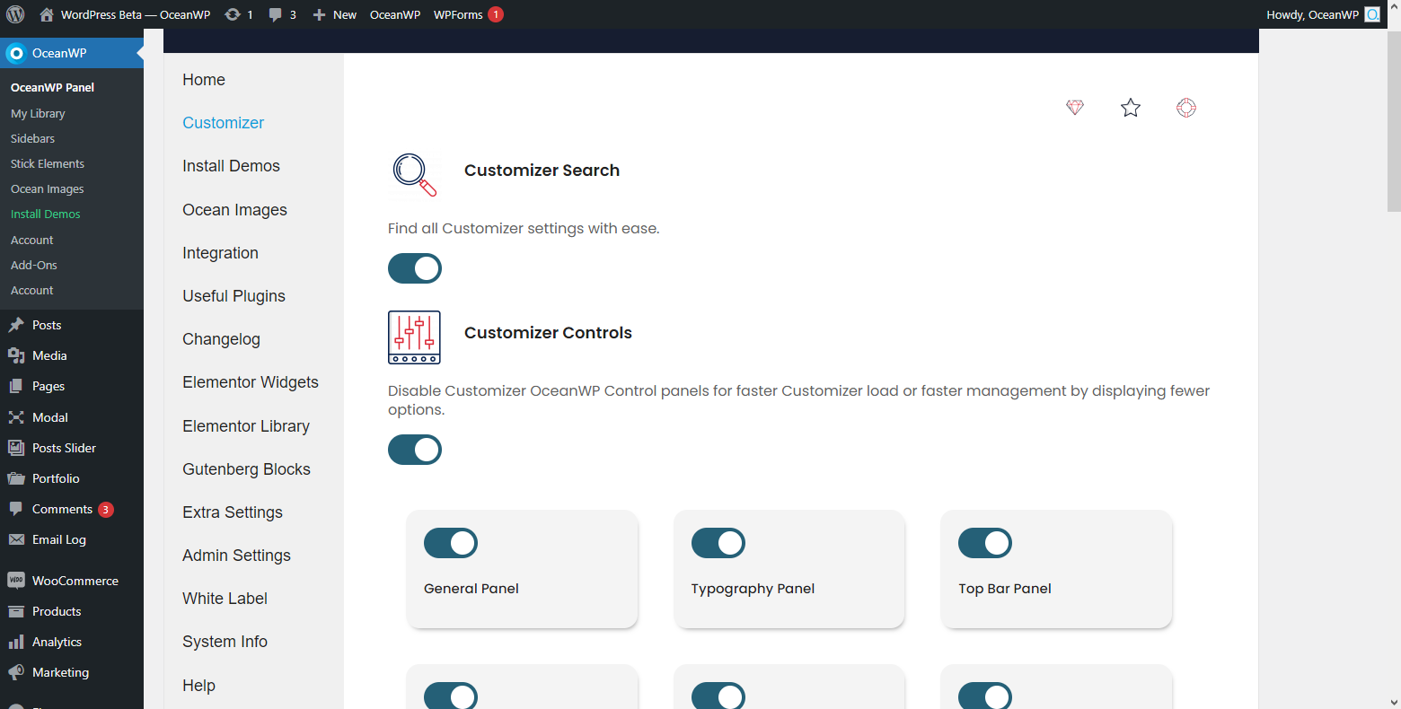 As opções e controles do Personalizador do Painel OceanWP.