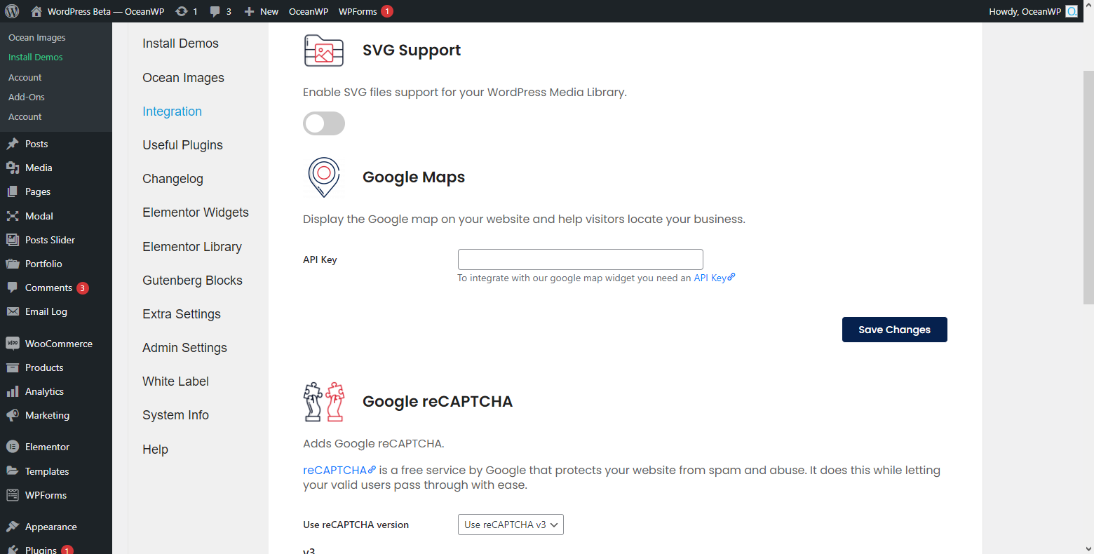 The OceanWP Panel, Integration options overview.