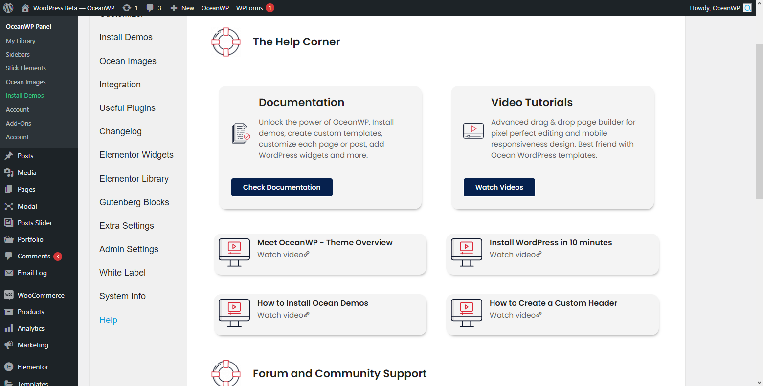 The OceanWP Panel, Help section overview.