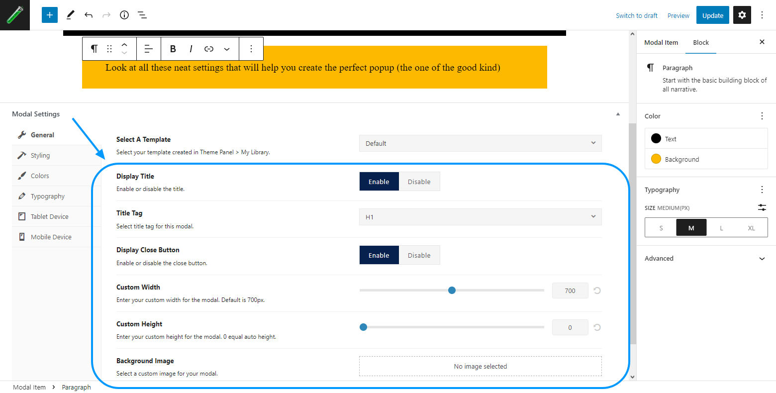 Overview of the available main settings for a modal window item.