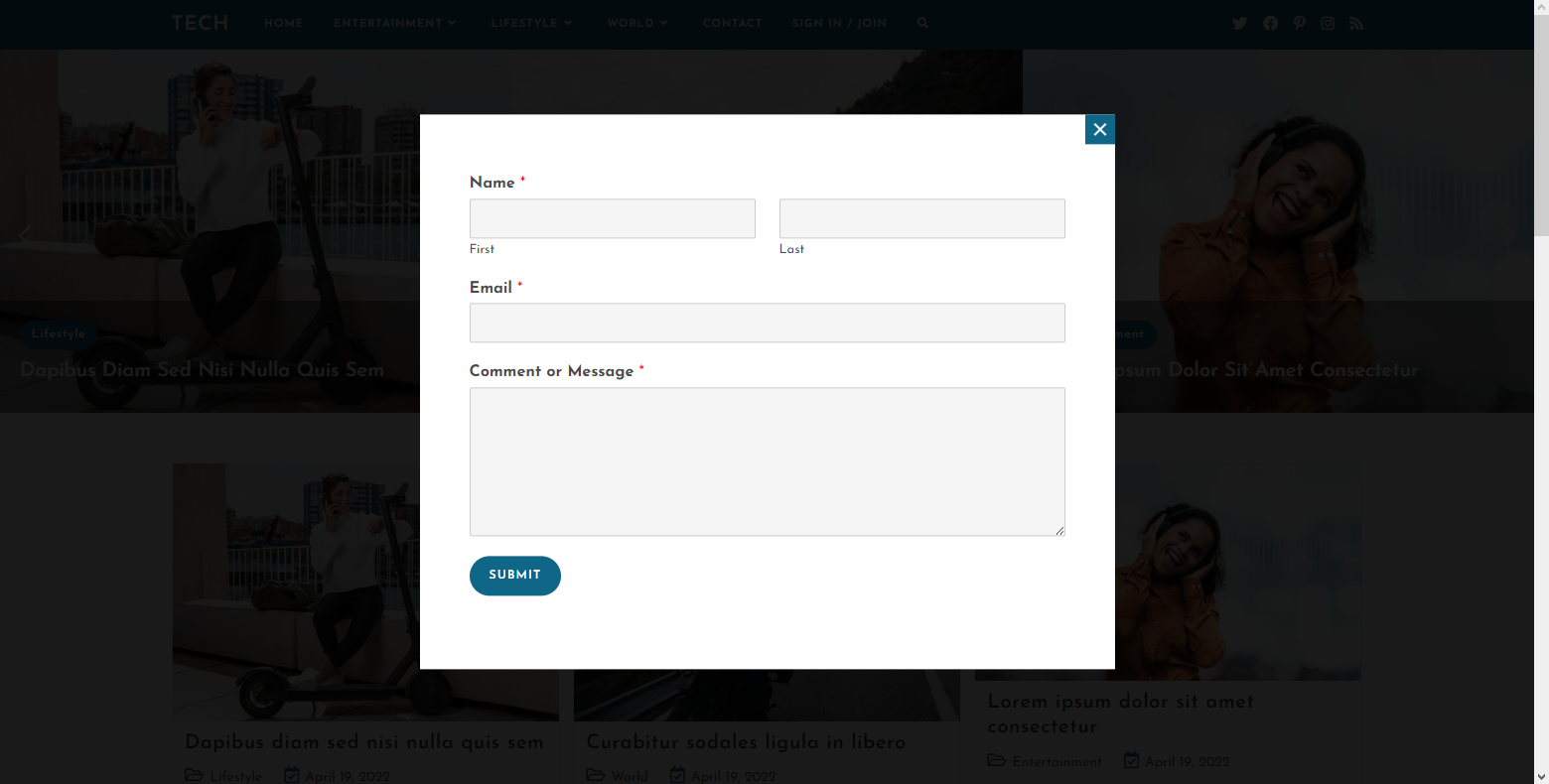 Contact form in a modal window through the menu item, as shown on the example of the OceanWP Tech Template.