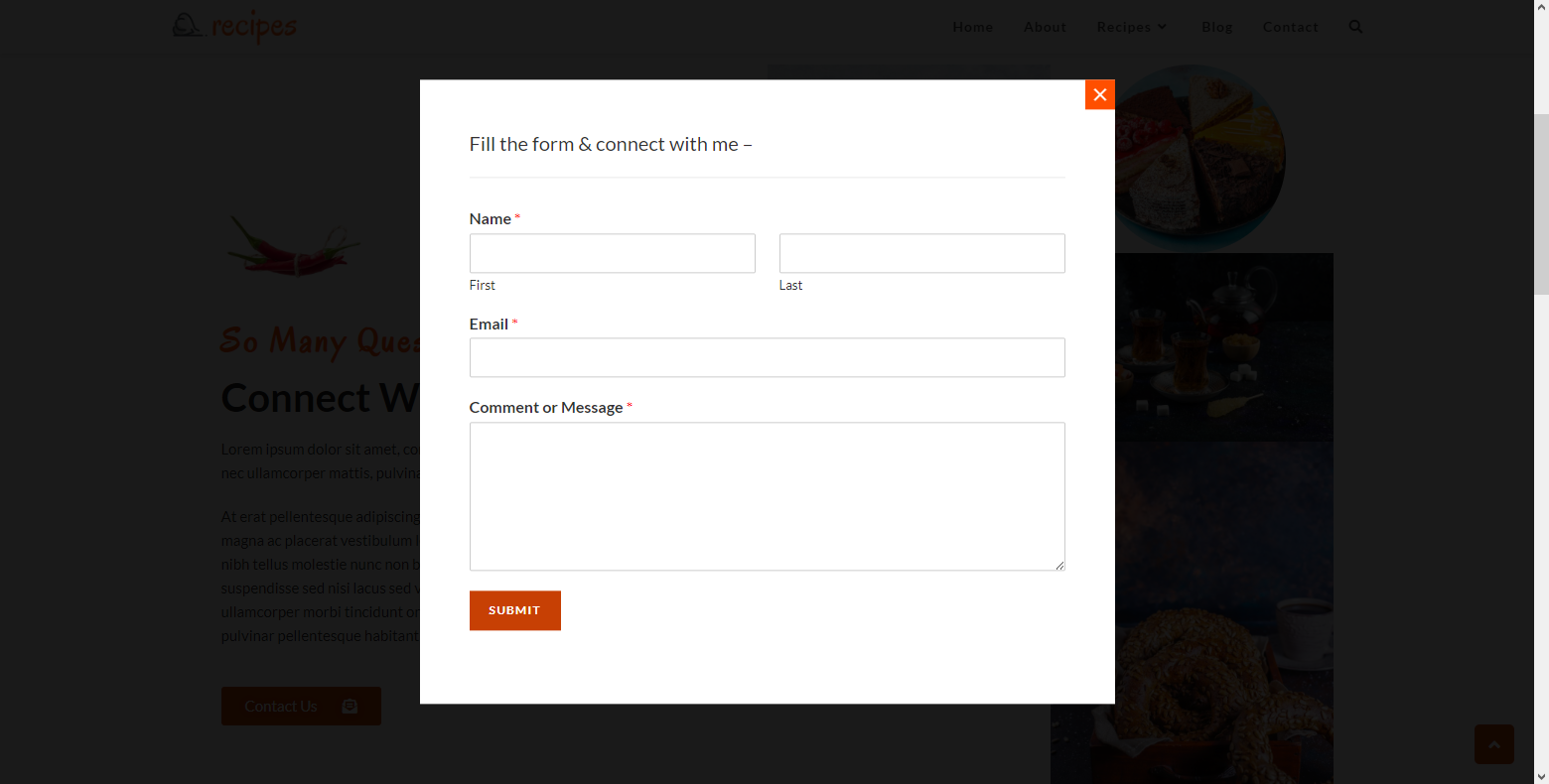 Contact form in a modal window through the content button, as shown on the example of the OceanWP Recipes Template.