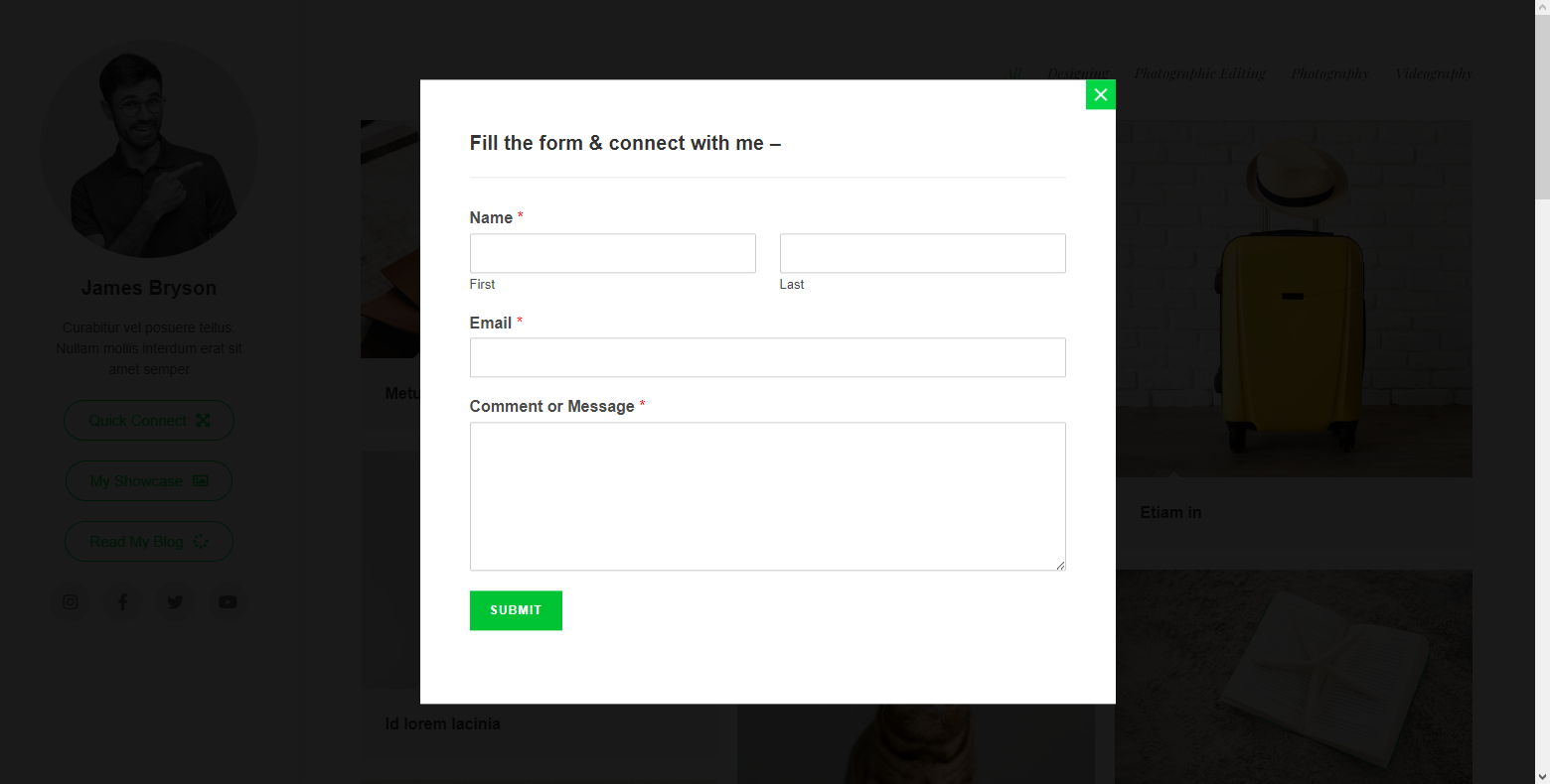 Contact form in a modal window through the custom vertical header button, as shown on the example of the OceanWP Minimal Template.