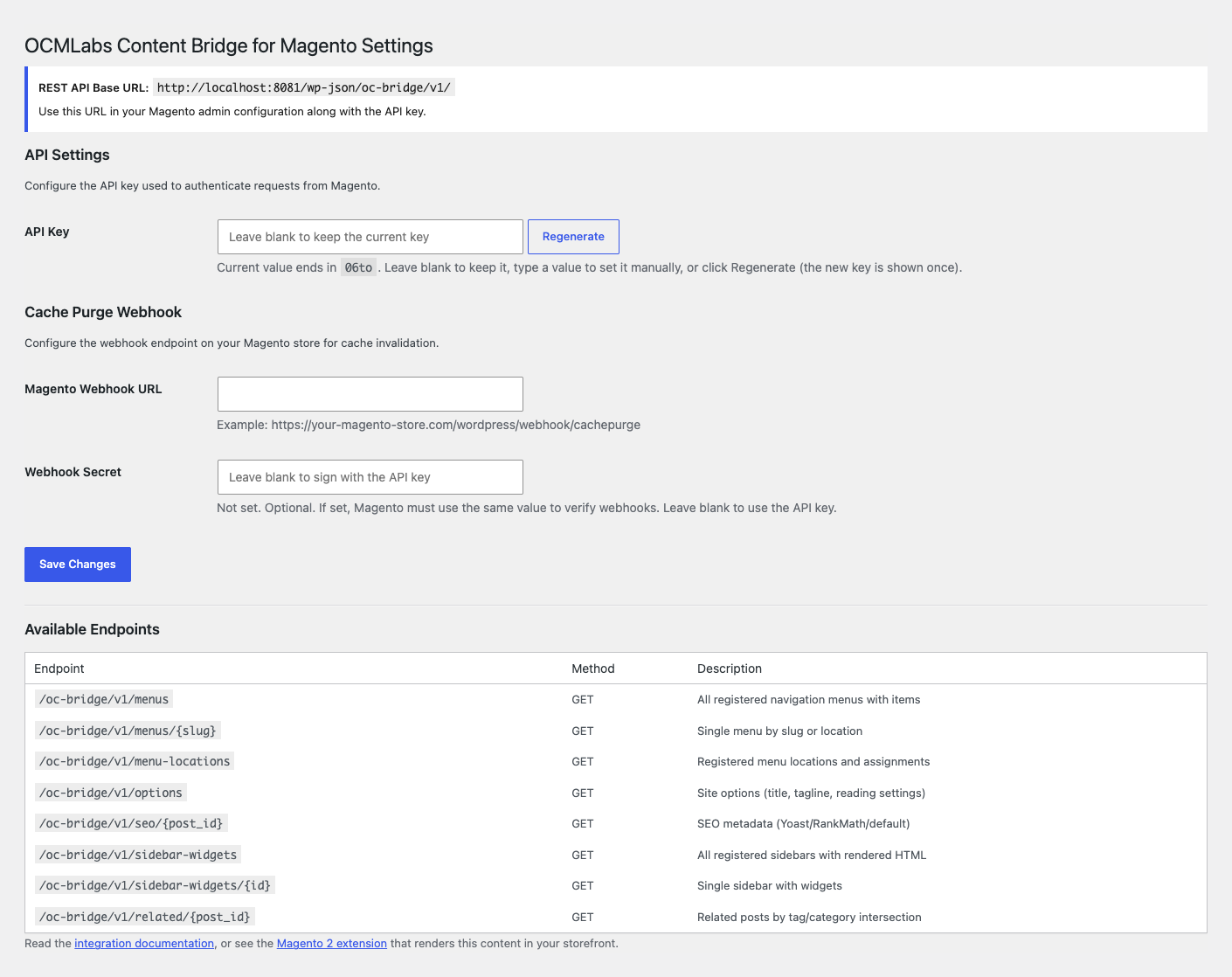 Settings page with API key management, webhook URL, and webhook secret configuration.