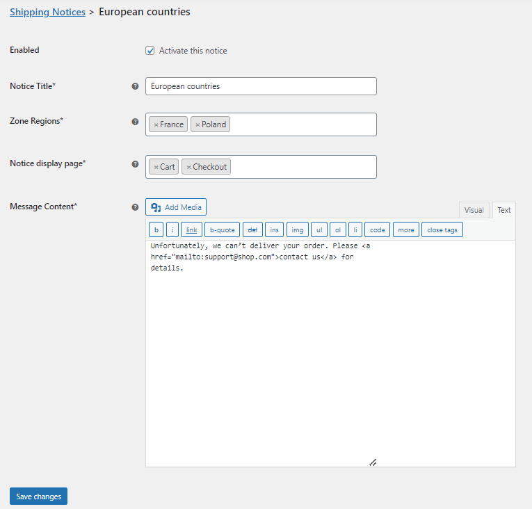 Shipping Notices new notice configuration