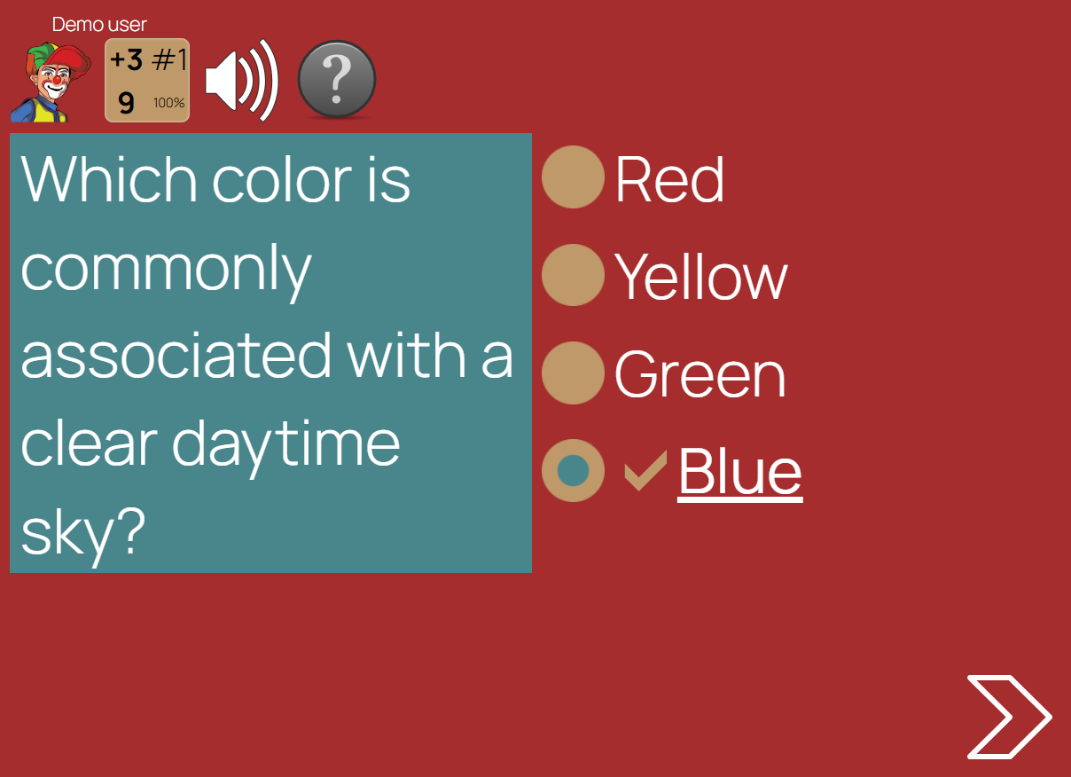 Quiz gameplay screen with answers, timer, and score (QuizAlone).