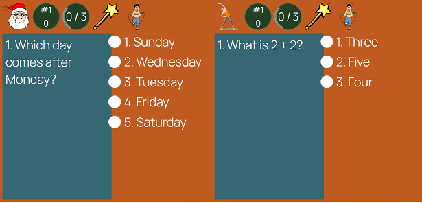Quiz gameplay screen with answers, timer, and score (QuizSplit).