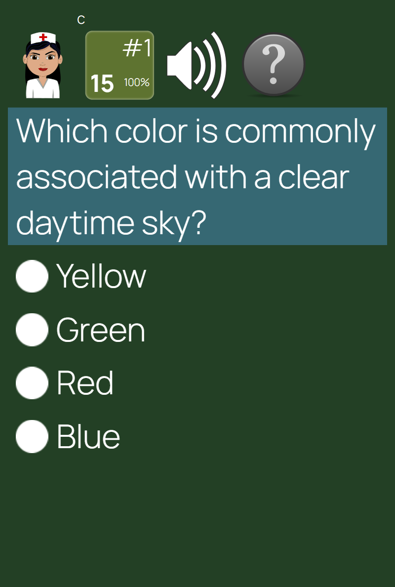Quiz gameplay screen with answers, timer, and score (Mobile phone).