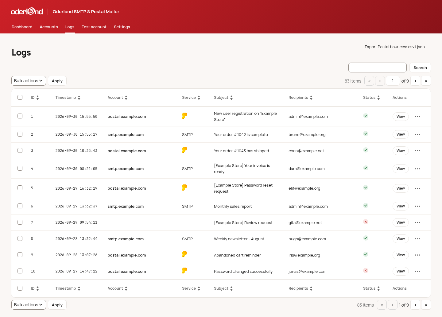 Email logs - View sent emails with delivery status