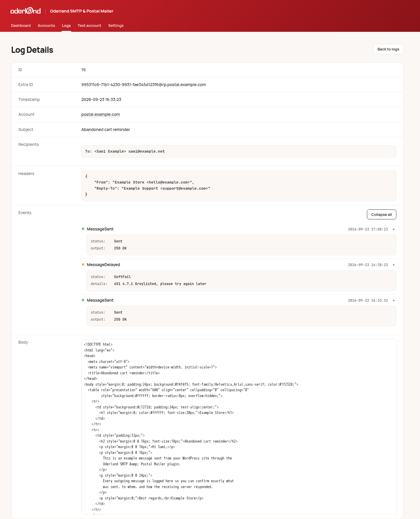Log details - Inspect individual email details and events