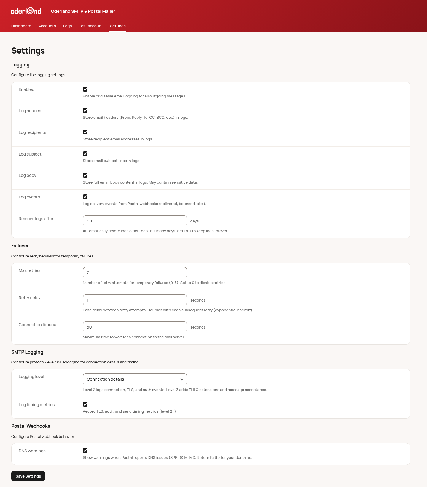 Settings - Configure logging and failover behavior