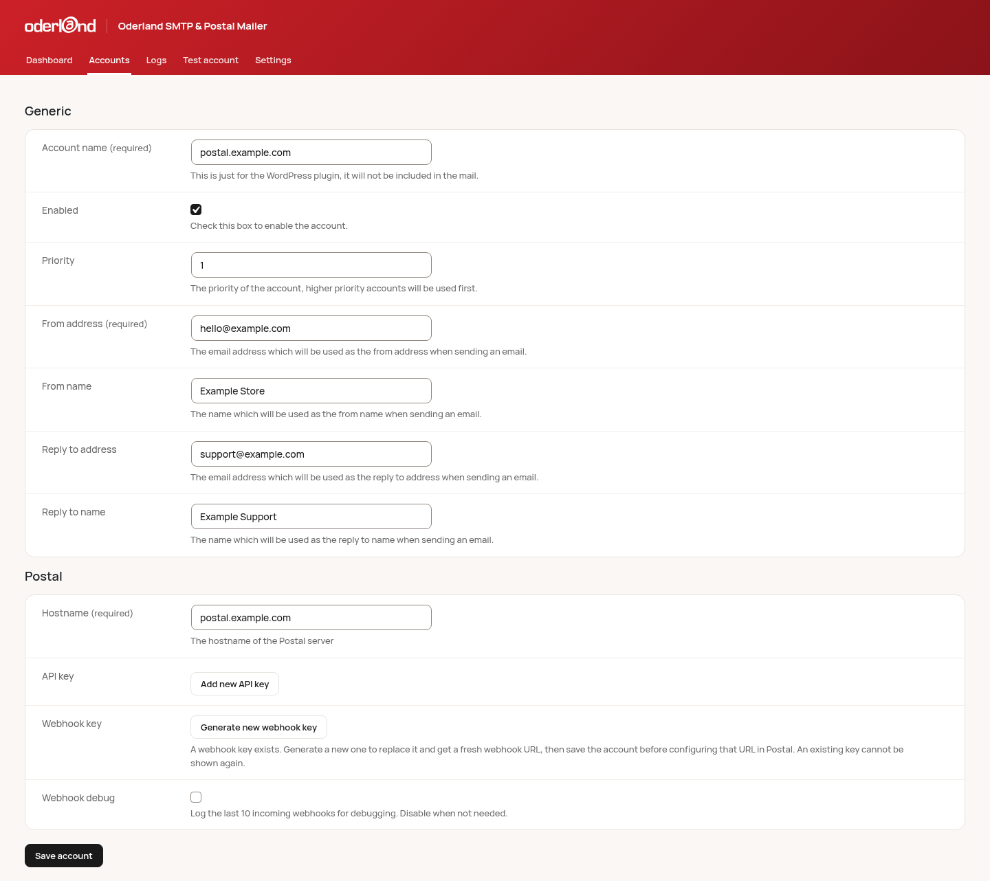 Postal settings - Setting up a Postal account