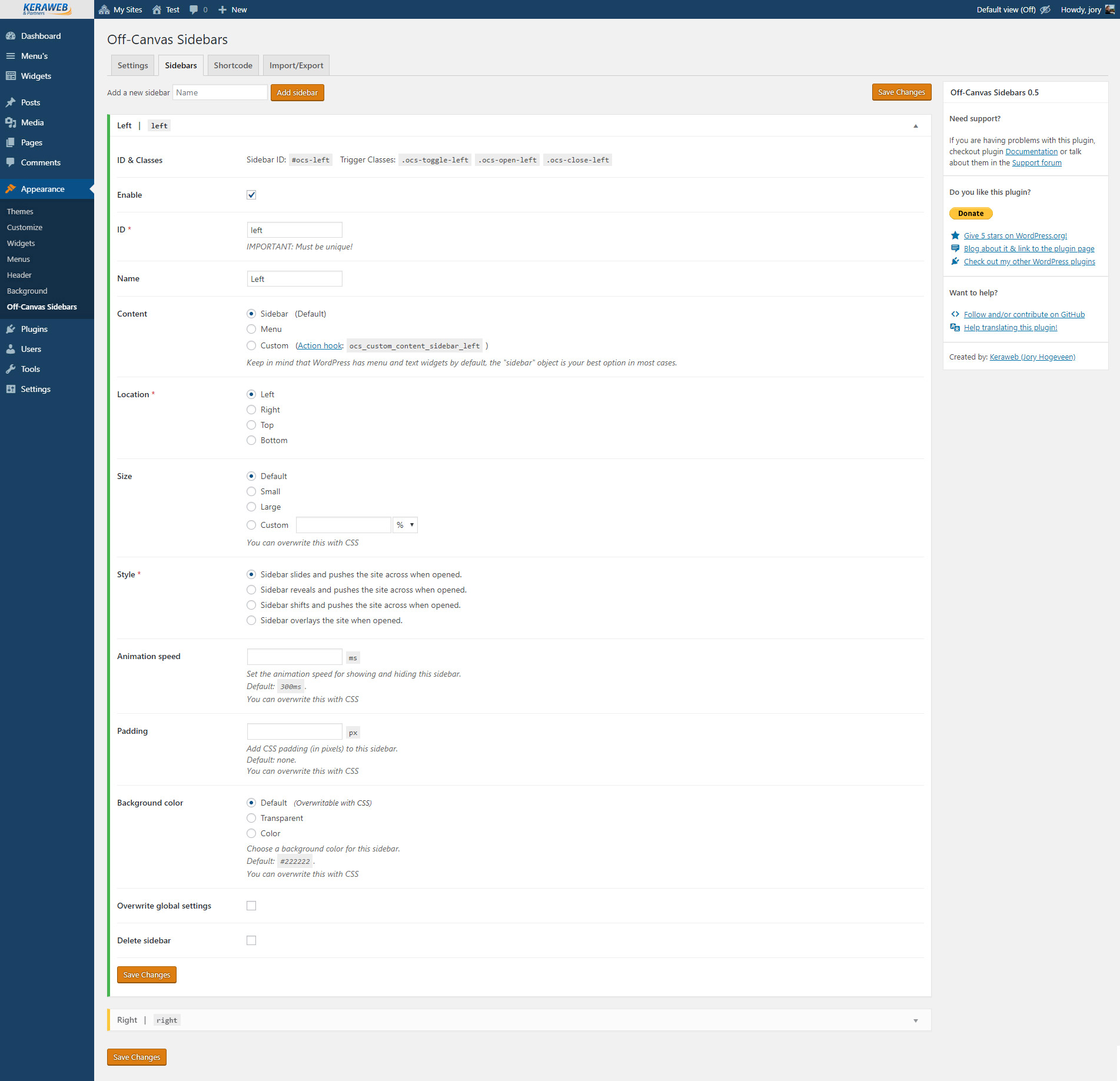 Sidebars settings page (sidebar opened)