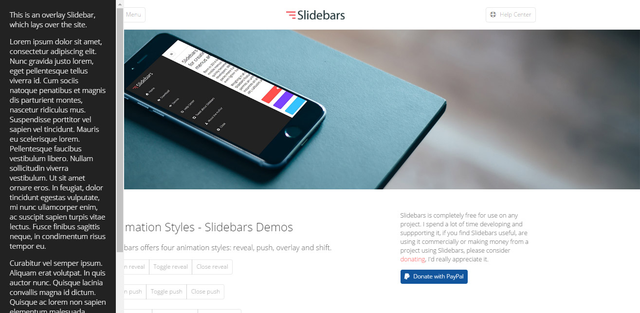 Sidebar left (Overlay effect) -&gt; image from Slidebars website