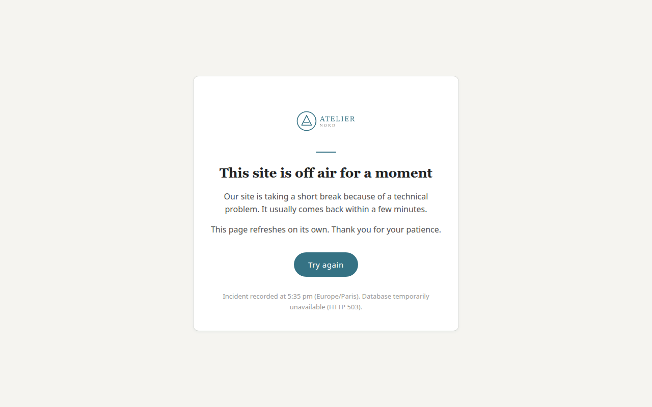 The database error page as visitors see it: logo, message, retry button and incident line.