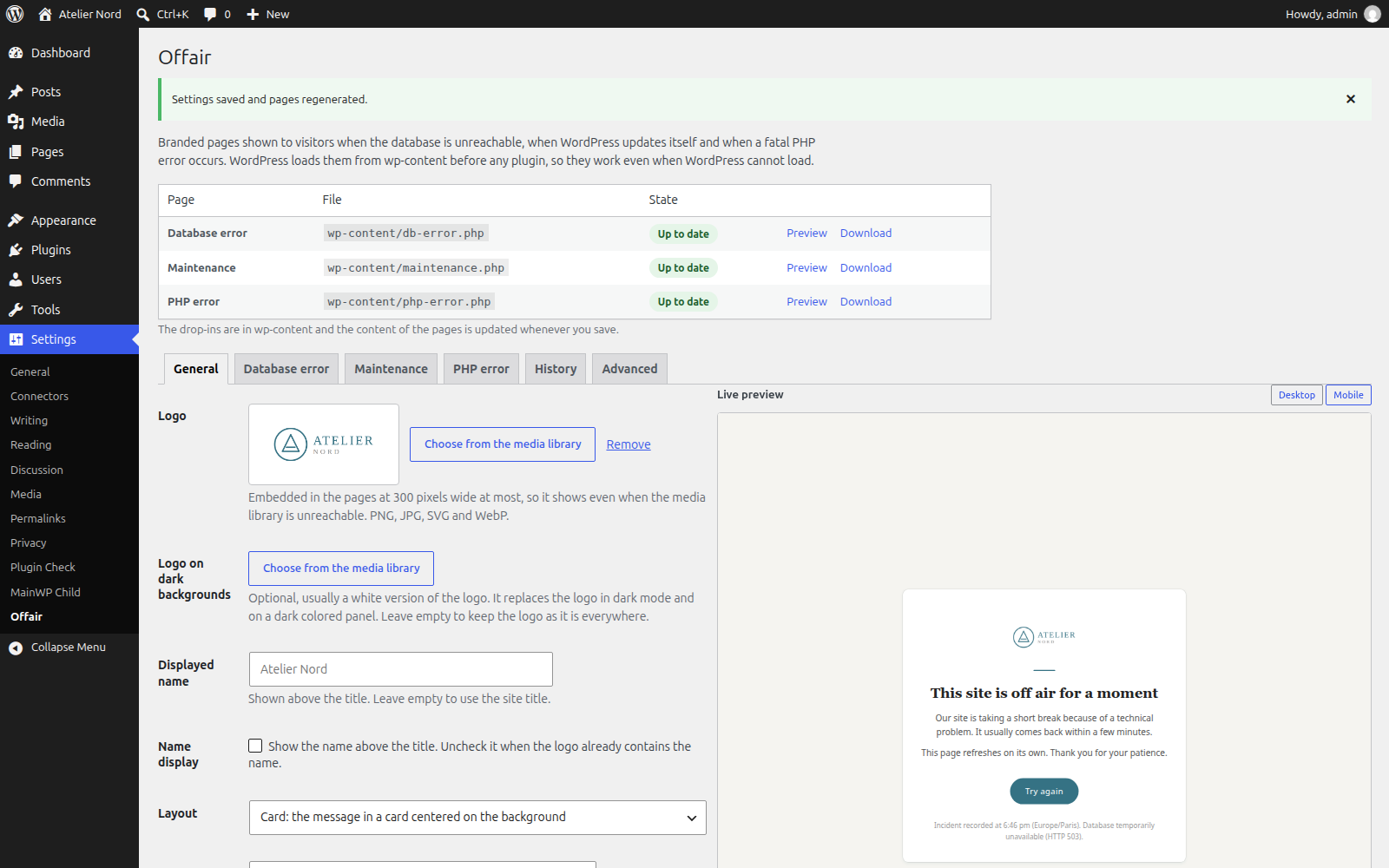 The settings page: state of the three pages, logo, colors and fonts.