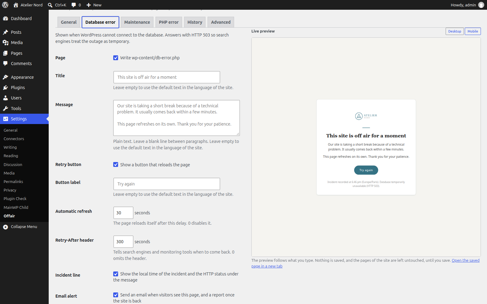 One tab per page, with the live preview rendered exactly as visitors will see it.