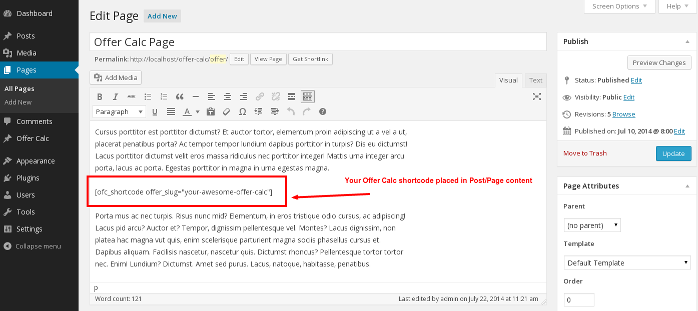 Offer Calc shortcode insert into the page content