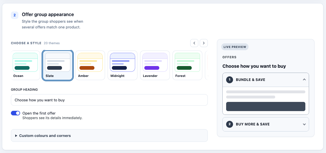 Offer group appearance settings with style presets, custom colours, and a live preview.