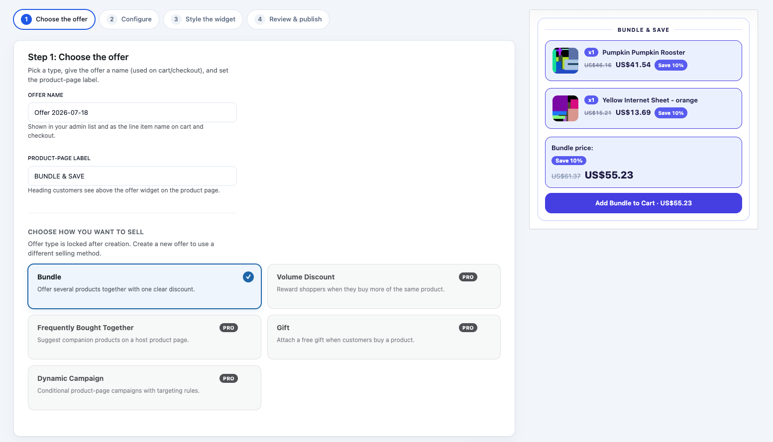 Guided offer editor for choosing an offer type, naming the offer, and previewing the storefront widget.
