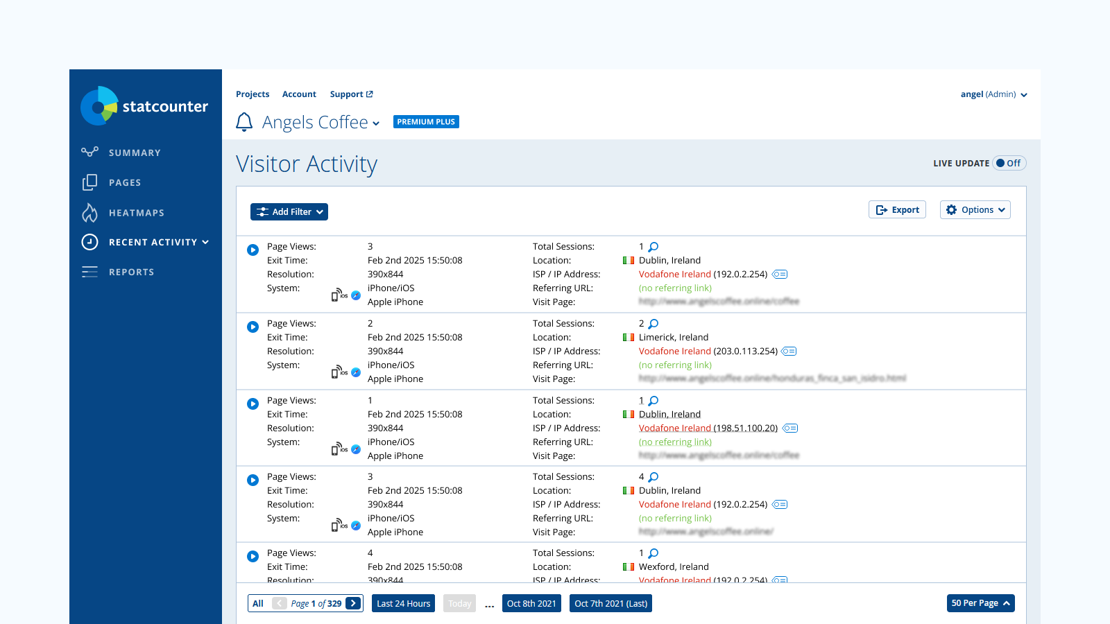 Visitor Activity - real-time stats on every visit, including location, referring URL, browser, system and screen resolution.