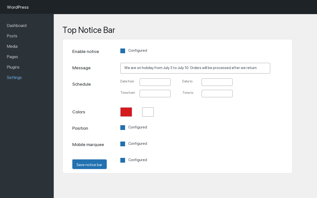 Settings screen for configuring the notice message, schedule, colors, position, mobile marquee, and dismiss button.