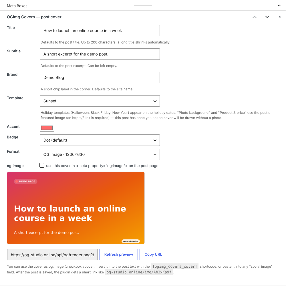 The "OGImg Covers — post cover" box in the post editor.