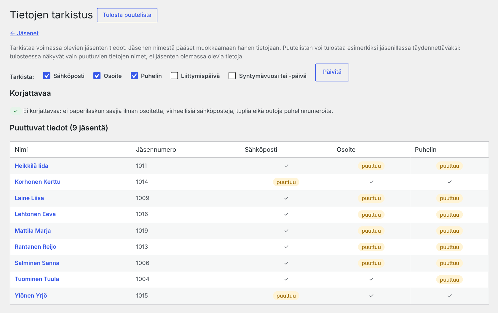 Data check: missing details and things to fix; the list of missing details can be printed.