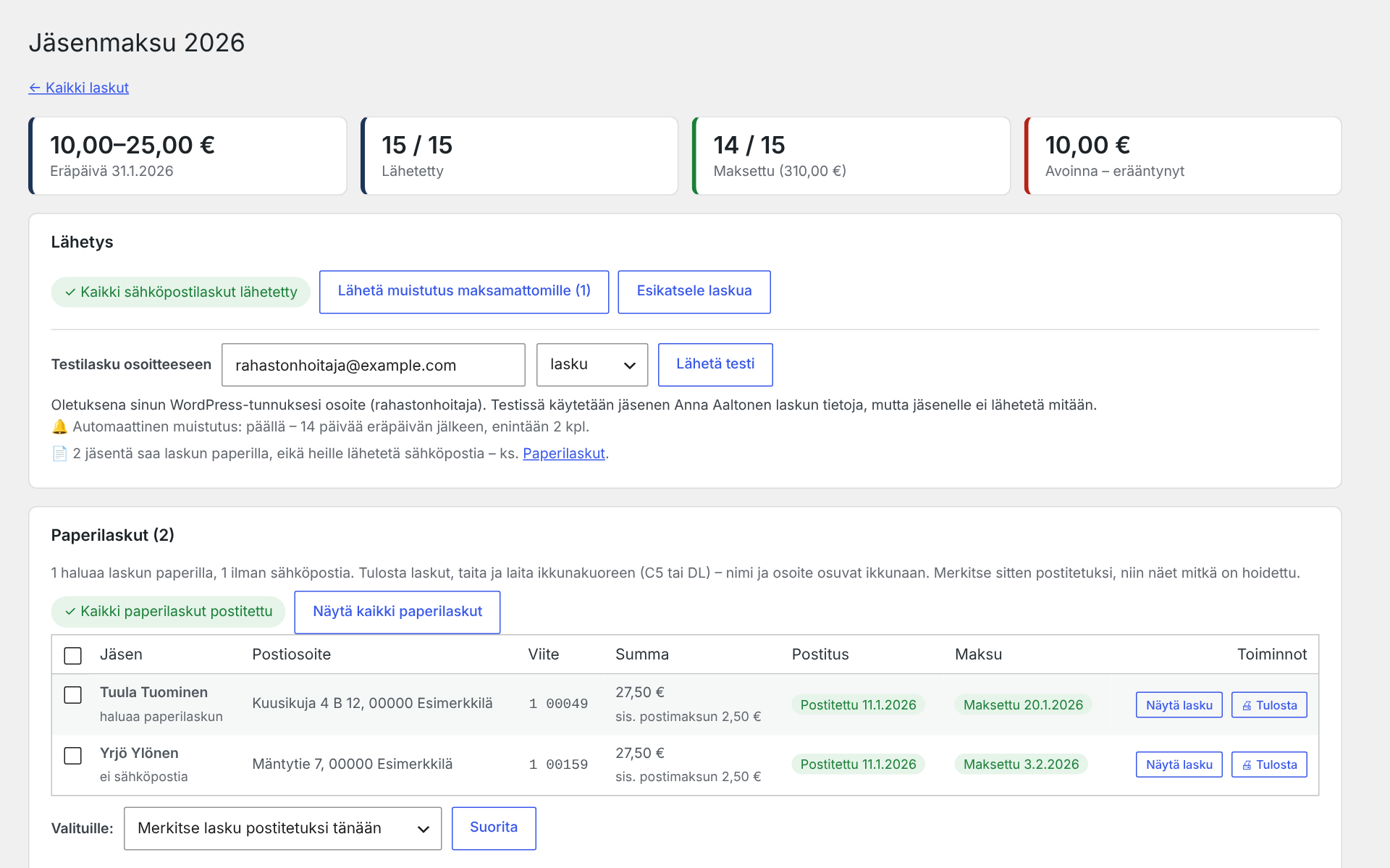 Invoice page: sending, reminders and payment status.