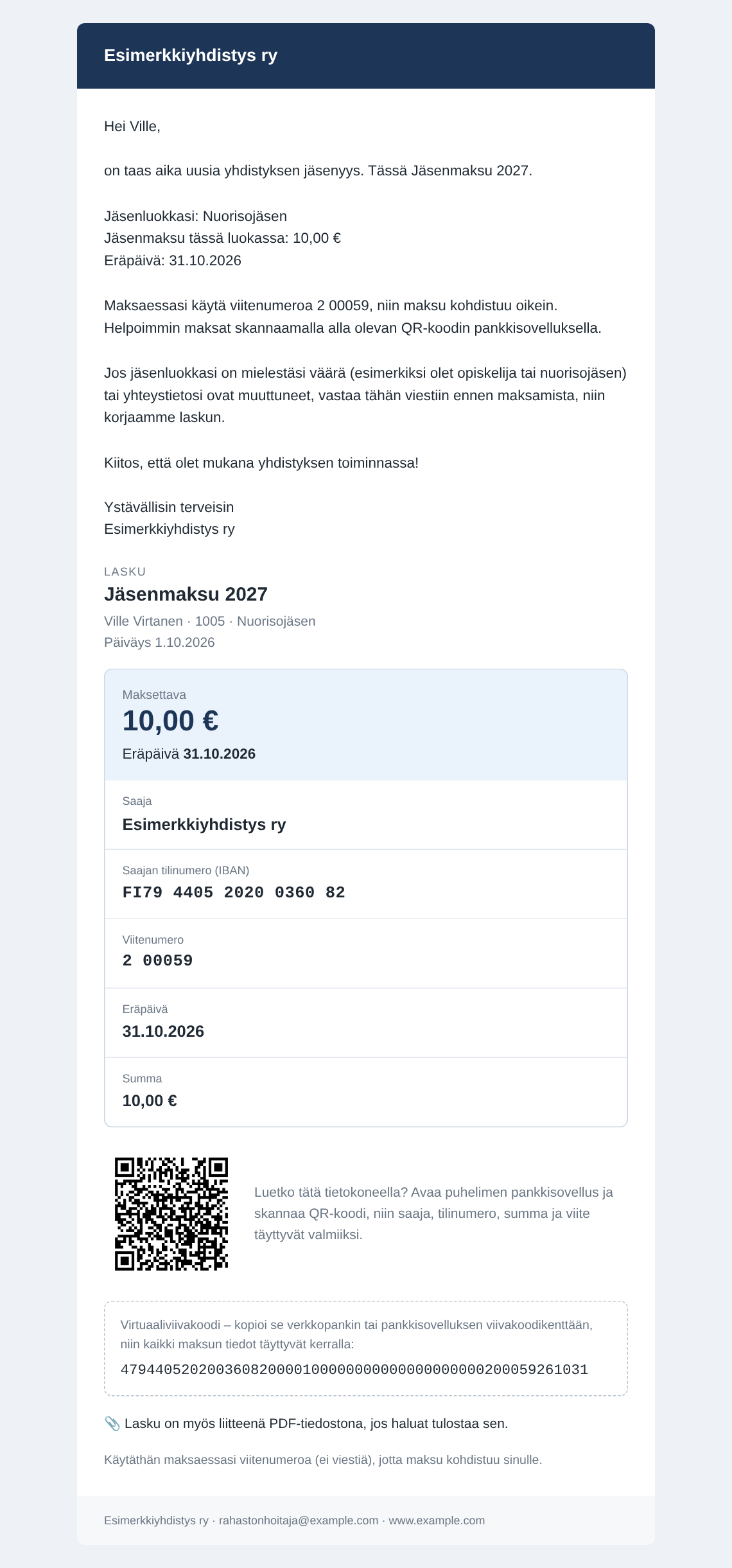The email invoice as a payment card: amount and due date, copyable payment details, QR code and virtual barcode.