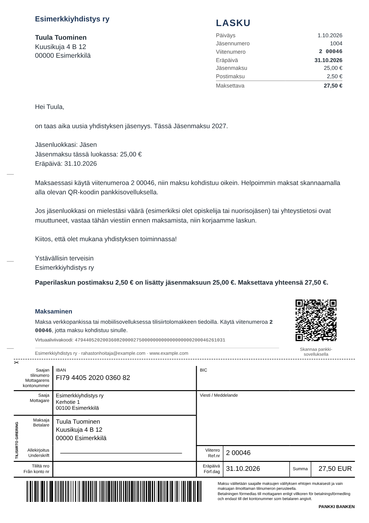 Printable paper invoice for a window envelope, with the Finnish bank transfer form. The optional PDF attachment of email invoices looks the same.